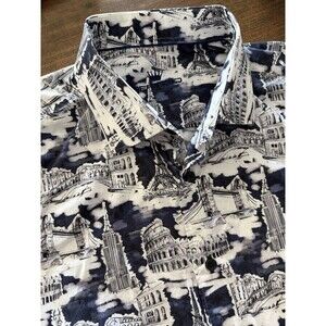 BERTIGO Shirt Mens M Blue Graphic Paris Rome Short Sleeve Button Up Vacation